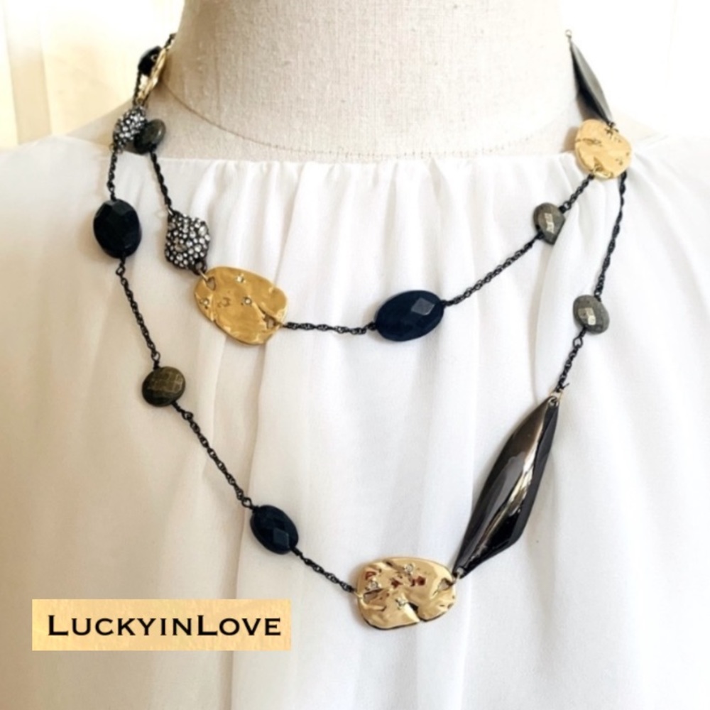 ALEXIS BITTAR • Dark Gemstone Blue Rocky Gold  Disk Pyrite Crystal Long Necklace